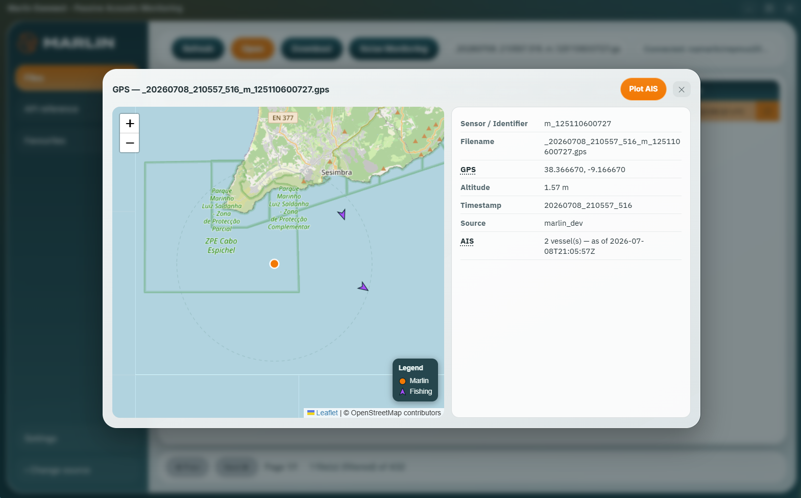 Nearby vessels plotted around a Marlin sensor on the map in Marlin Connect, with a vessel-type legend