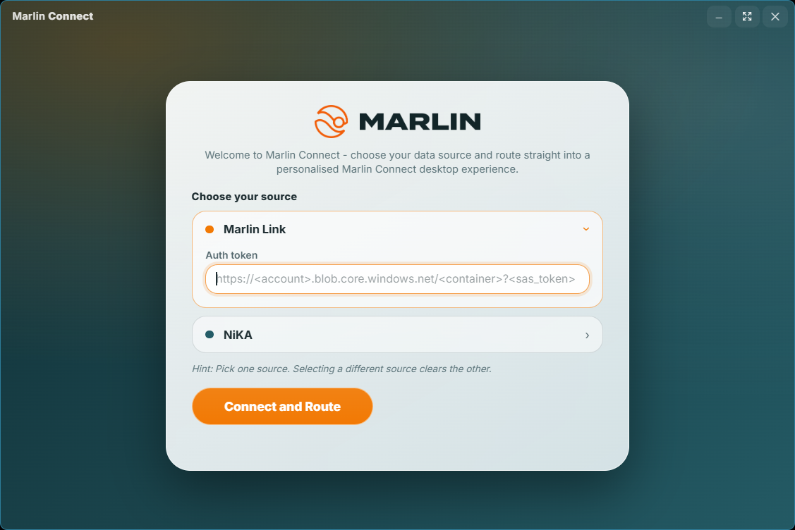 The Marlin Connect v3.0 connect screen, where you choose your data source