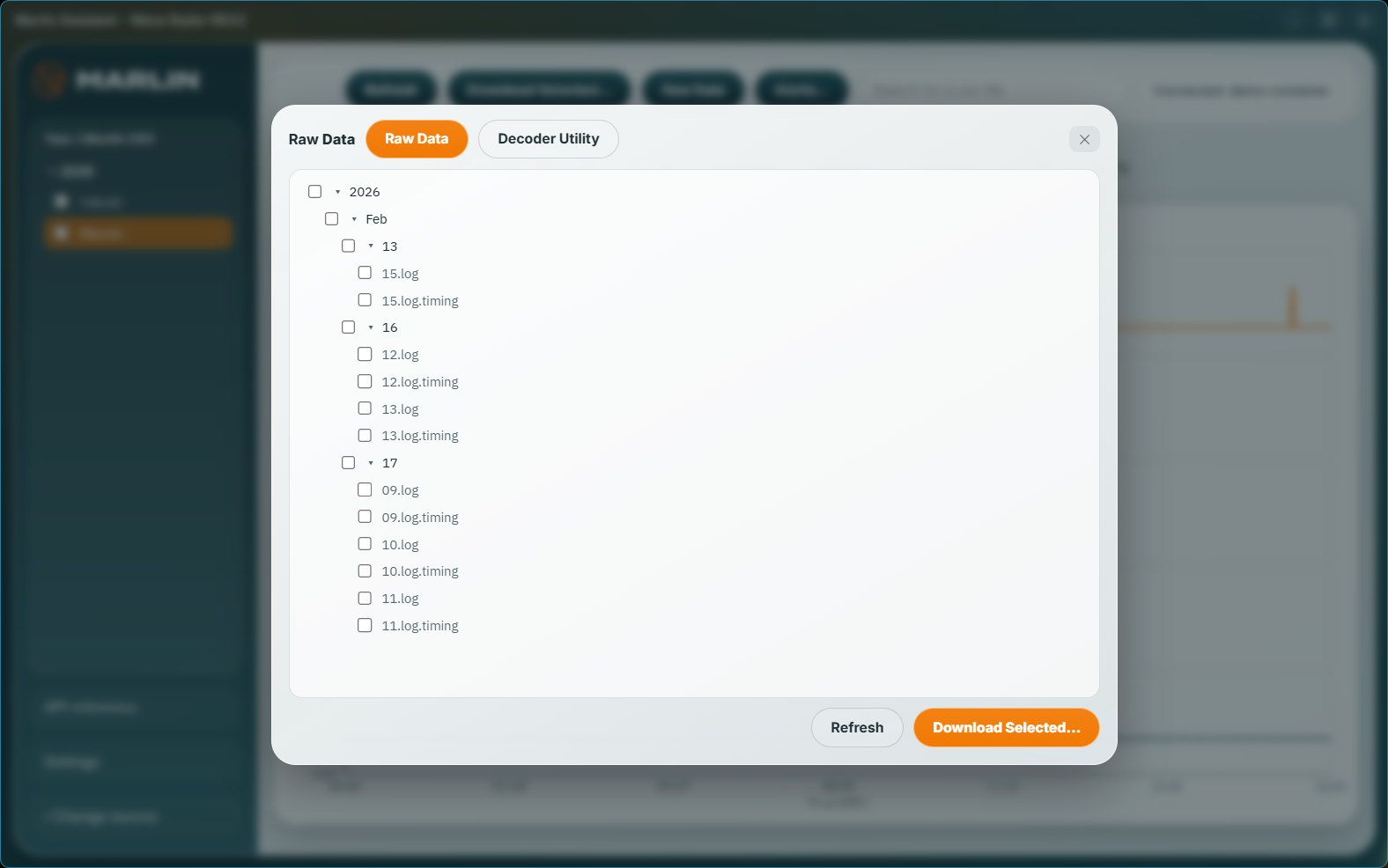The REX2 raw-data browser in Marlin Connect, showing the archive as a folder tree