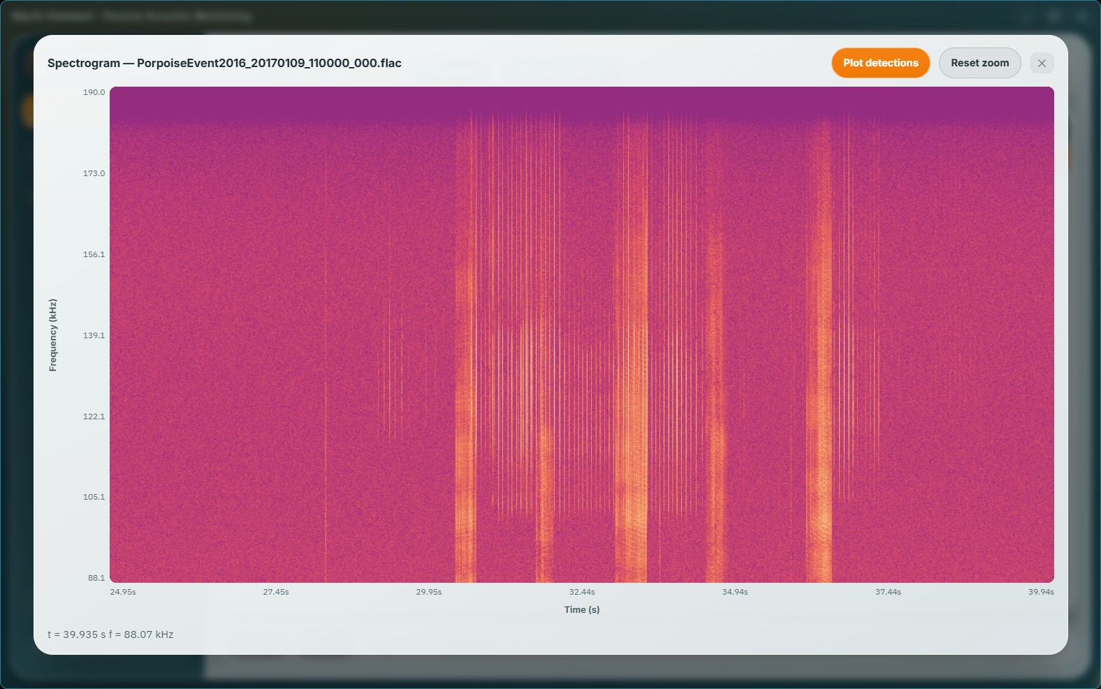 The same region re-computed at full resolution, resolving individual porpoise clicks
