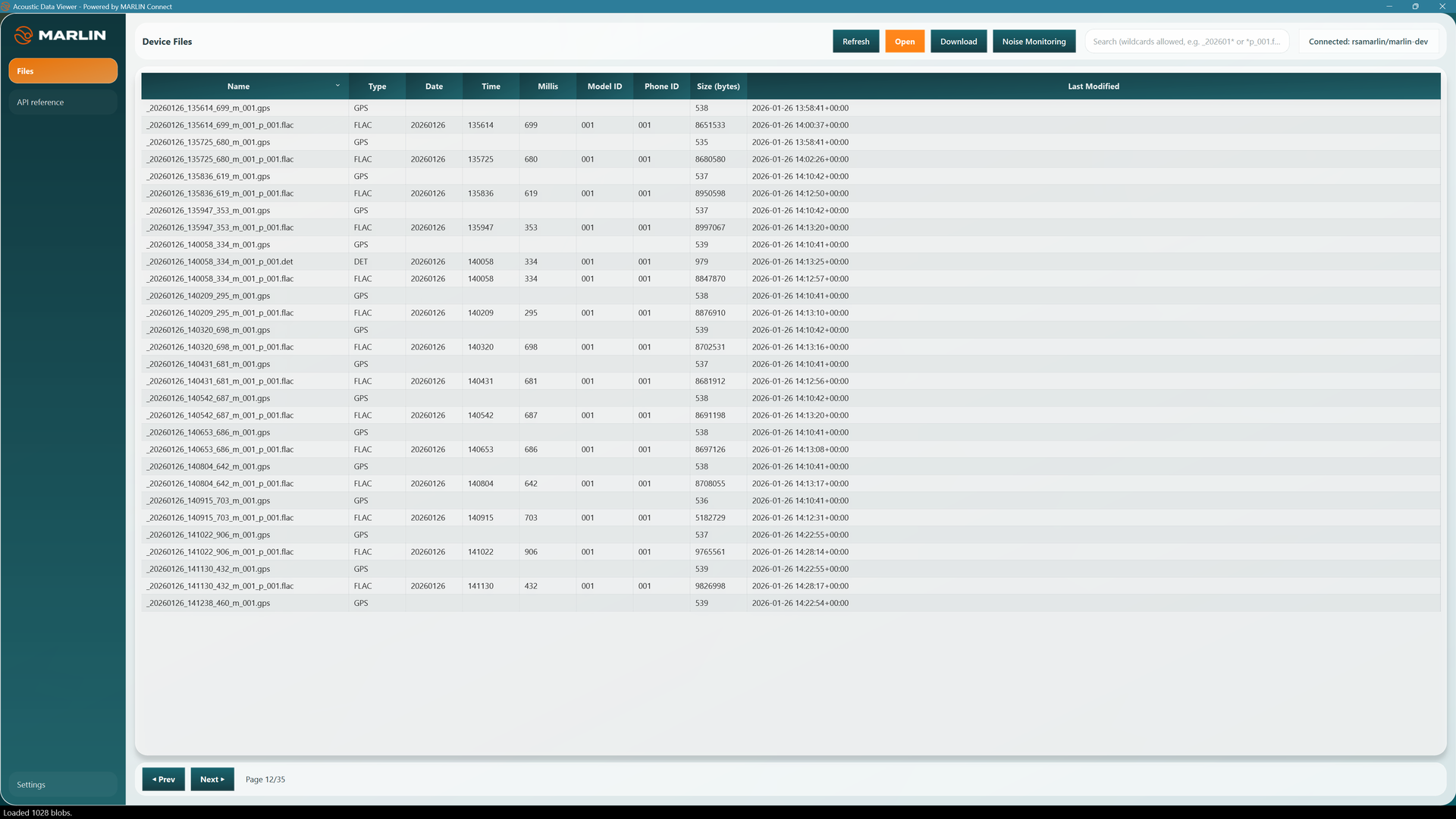 The MARLIN Connect desktop application showing the device file browser