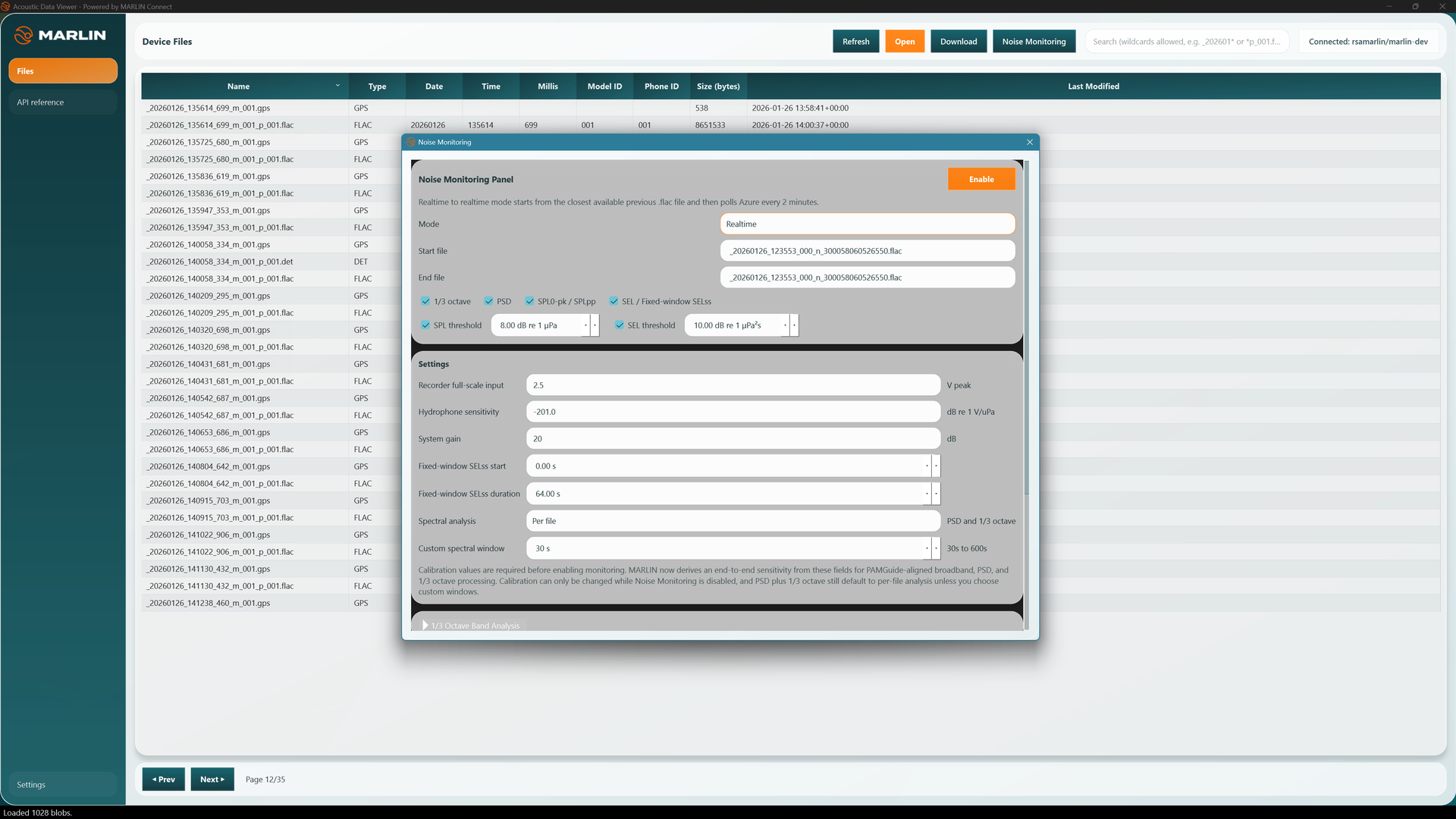 The MARLIN Connect noise-monitoring configuration panel