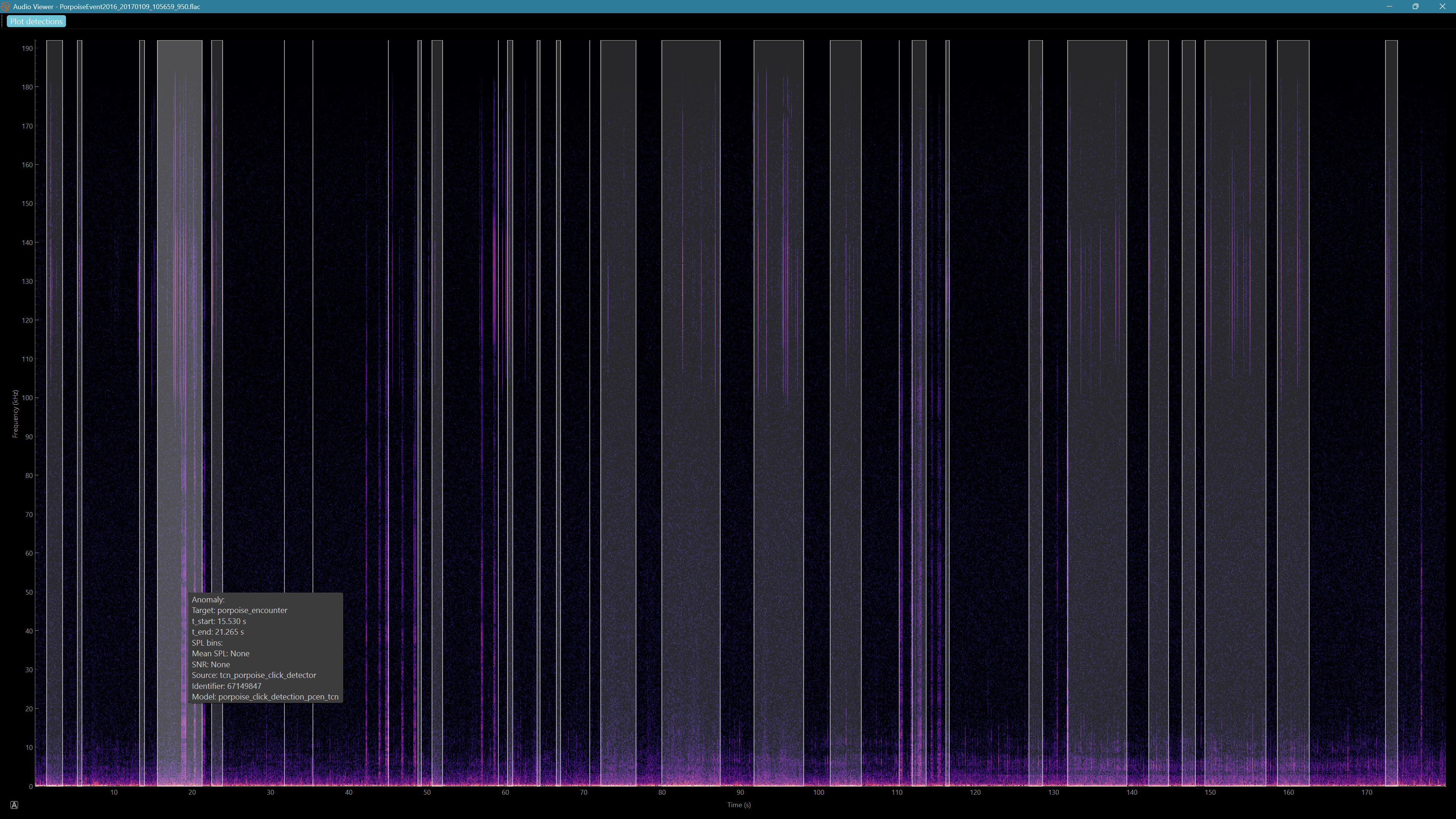 A spectrogram view of raw acoustic data in MARLIN Connect