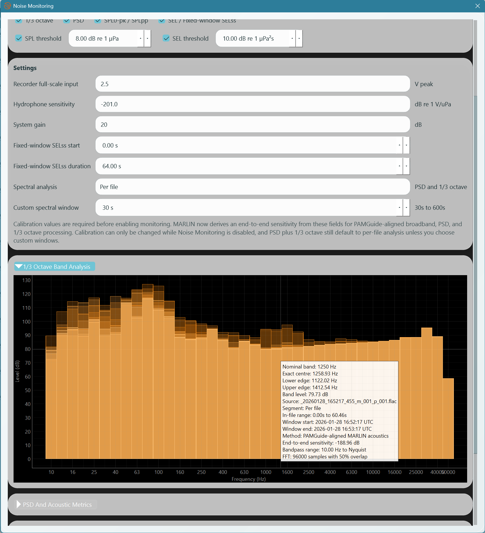 A 1/3-octave band analysis chart in Marlin Connect