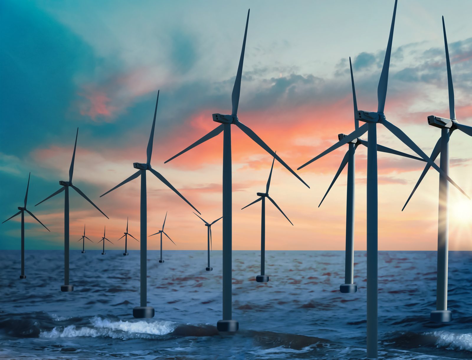 An offshore wind farm at sea